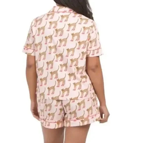 Bouffants & Broken Hearts Pink Animal Leopard Red Stilettos Print Pajama Set